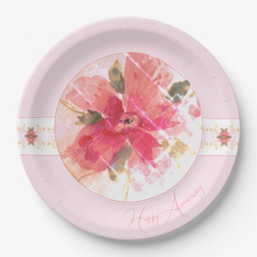 ピンクとサンゴの水色 ペーパープレート (正面)