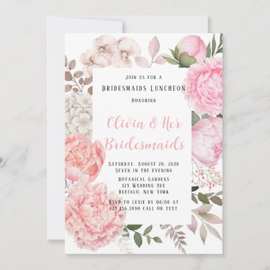 ピンクとサンゴ植物牡丹の花嫁の昼食会 招待状 (正面)