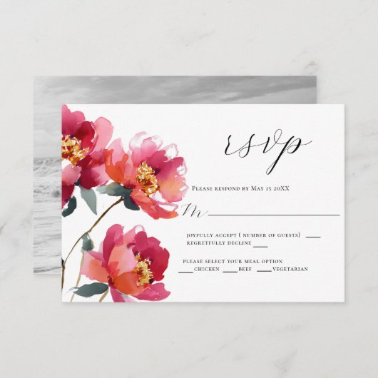 ピンクとサンゴ牡丹ウェディングRSVPカード 出欠カード (正面/裏面)