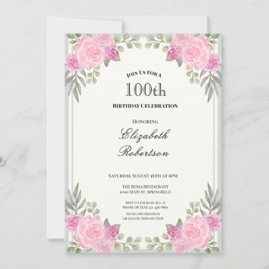 ピンクとサージグリーンの花の100歳の誕生日 招待状 (正面)