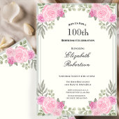 ピンクとサージグリーンの花の100歳の誕生日 招待状