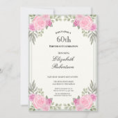 ピンクとサージグリーンの花の60歳の誕生日 招待状 (正面)