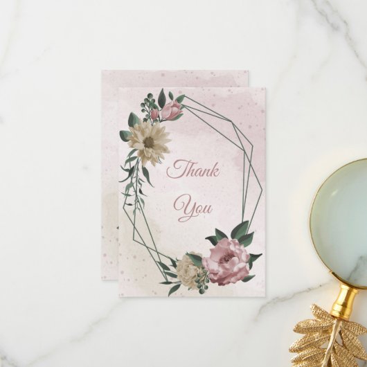 ピンクとシャンパンフラワーグリーン葉 サンキューカード (正面/裏面インサイチュ)