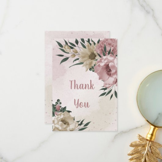 ピンクとシャンパンフラワーグリーン葉 サンキューカード (正面/裏面インサイチュ)