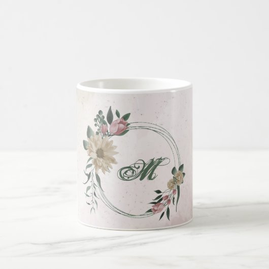 ピンクとシャンパン色の花と緑の葉 コーヒーマグカップ (中央)