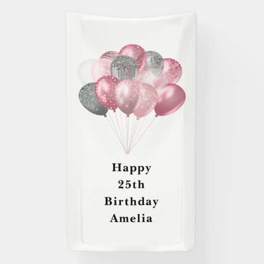 ピンクとシルバーに輝くバルーンバンチ誕生日 横断幕 (縦)