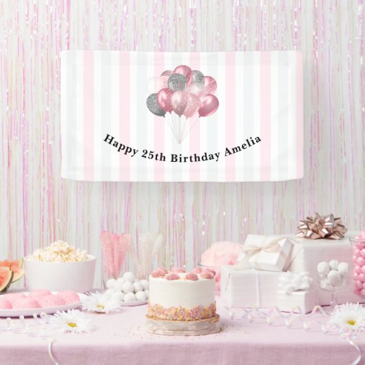ピンクとシルバーに輝くバルーンバンチ誕生日 横断幕 (パーティー)