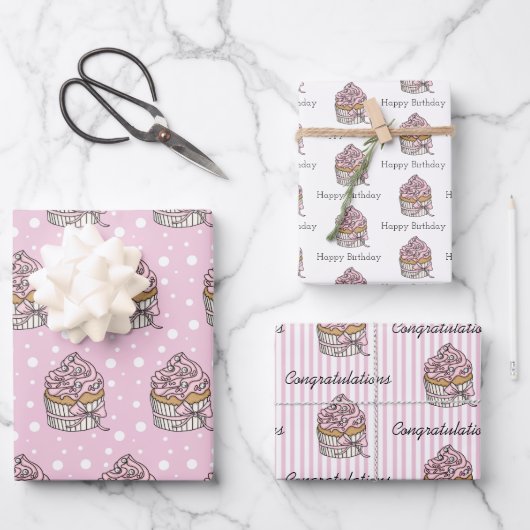 ピンクとシルバーのカップケーキ ラッピングペーパーシート (正面)