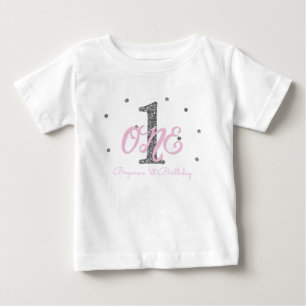 ピンクとシルバーのガールズ ワン 1歳の誕生日パーティー オーダーメイド ベビーTシャツ