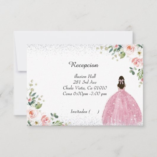 ピンクとシルバーのキンセアニェラのrsvpカースペインのド 出欠カード (正面)