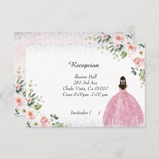 ピンクとシルバーのキンセアニェラのrsvpカースペインのド 出欠カード (正面/裏面)