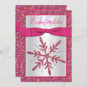 ピンクとシルバーのグリッターの雪の結晶のキンセアニエラ招待状 招待状 (正面/裏面)
