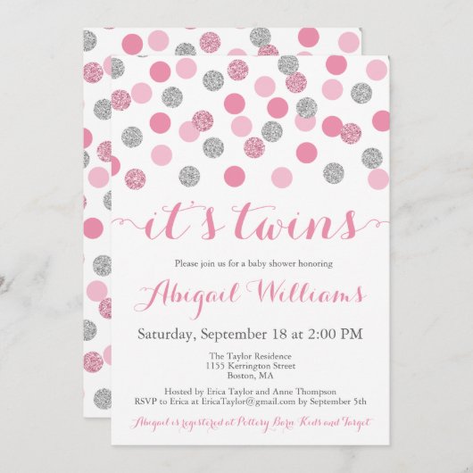 ピンクとシルバーのグリッターツインズベビーシャワー招待状 招待状 (正面/裏面)