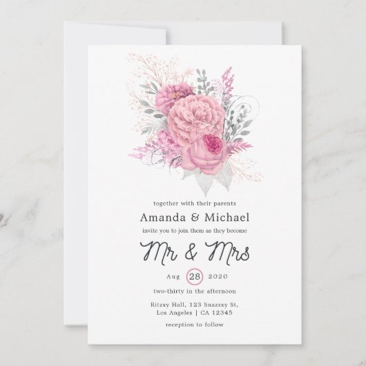 ピンクとシルバーのグリッター幾何学的フローラ結婚ズ 招待状 (正面)