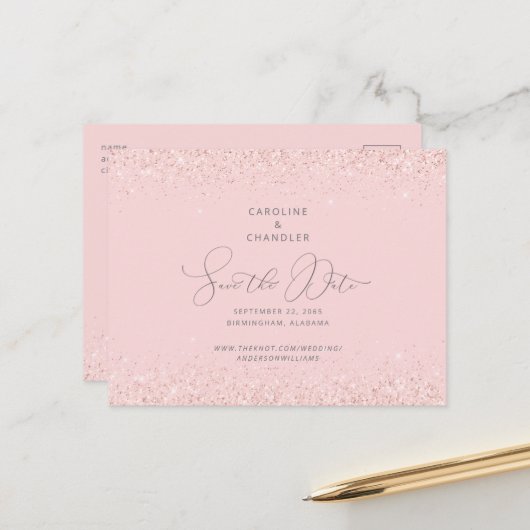 ピンクとシルバーのグリッター ウェディング セーブ・ザ・デート グラム 案内ポストカード (正面/裏面インサイチュ)