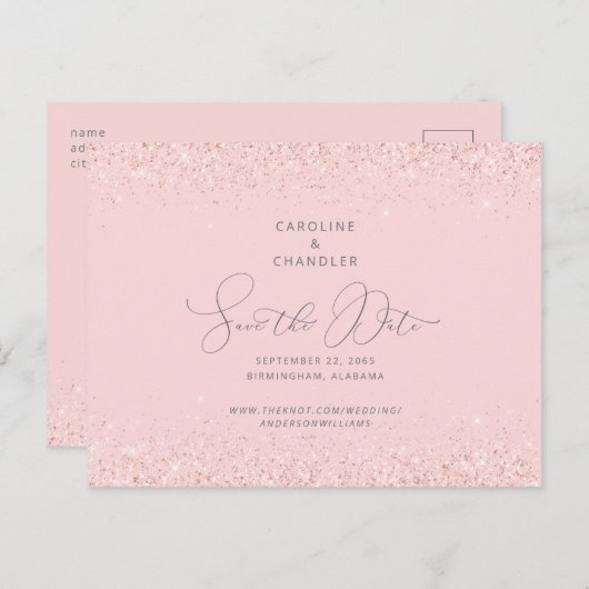 ピンクとシルバーのグリッター ウェディング セーブ・ザ・デート グラム 案内ポストカード (正面/裏面)