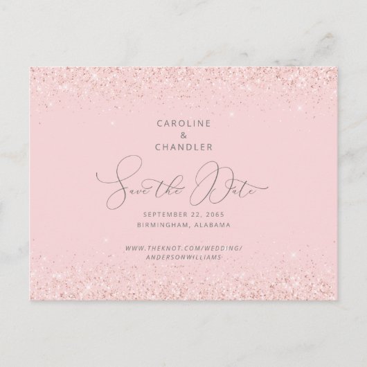 ピンクとシルバーのグリッター ウェディング セーブ・ザ・デート グラム 案内ポストカード (正面)