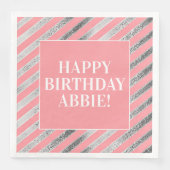 ピンクとシルバーのストライプの誕生日パーティナプキンス (正面)