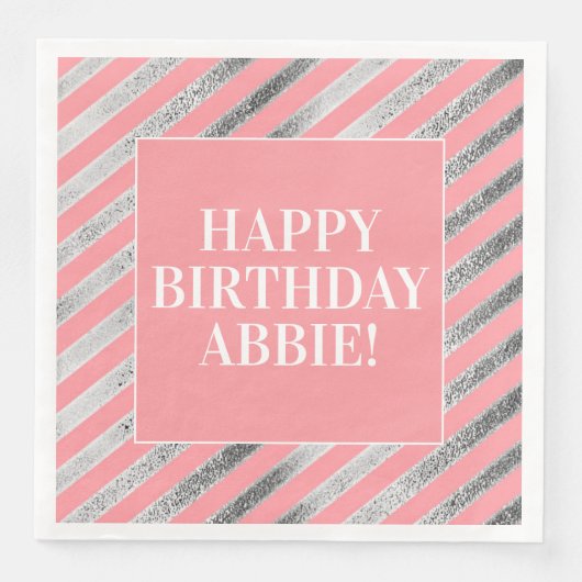 ピンクとシルバーのストライプの誕生日パーティナプキンス (正面)