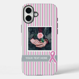 ピンクとシルバーのストライプケースカスタム写真と文字 iPhone 16 PLUSケース