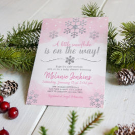 ピンクとシルバーのスノーフレーク赤ちゃんシャワー招待状 招待状