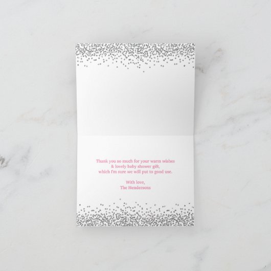 ピンクとシルバーのスノーフレーク赤ちゃんシャワー サンキューカード (内部)
