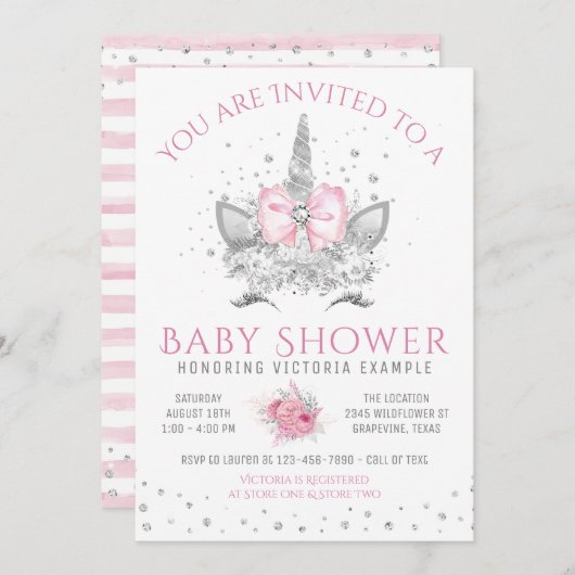 ピンクとシルバーのダイヤモンドユニコーン赤ちゃんシャワー 招待状 (正面/裏面)