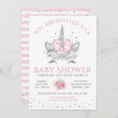 ピンクとシルバーのダイヤモンドユニコーン赤ちゃんシャワー 招待状 (正面/裏面)