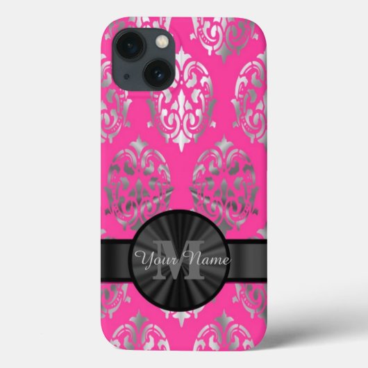ピンクとシルバーのダマスクパーソナライズされたモノグラム Case-Mate iPhoneケース (裏面)