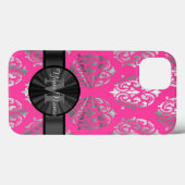 ピンクとシルバーのダマスクパーソナライズされたモノグラム Case-Mate iPhoneケース (裏面 (横))
