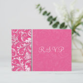 ピンクとシルバーのダマスク結婚式返信カード 招待状 (スタンド正面)