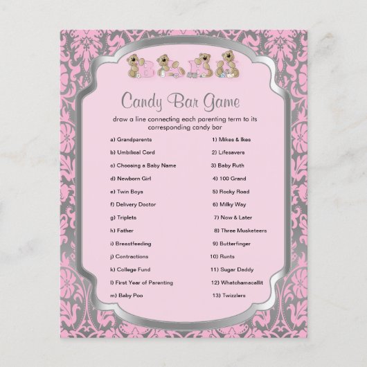 ピンクとシルバーのダマスク·テディベアーズ-キャンディ·ゲーム チラシ (正面)