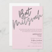 ピンクとシルバーのバット・ミツバ祭招待状 招待状 (正面/裏面)