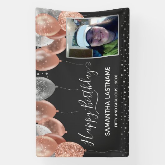 ピンクとシルバーのバルーン誕生日パーティバナー 横断幕 (縦)