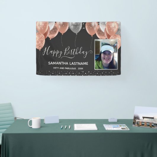 ピンクとシルバーのバルーン誕生日パーティバナー 横断幕 (トレードショー)