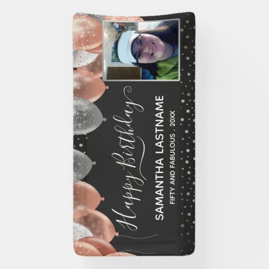 ピンクとシルバーのバルーン誕生日パーティーの予算 横断幕 (縦)