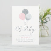 ピンクとシルバーのバルーン | Oh Baby Girl Baby Shower 招待状 (スタンド正面)