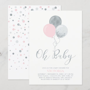 ピンクとシルバーのバルーン Oh Baby Girl Baby Shower 招待状