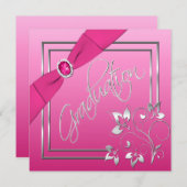 ピンクとシルバーのフローラ写真卒業招待状 招待状 (正面/裏面)