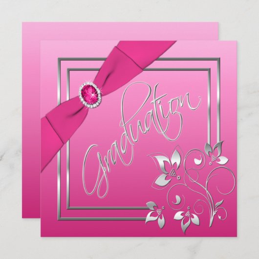 ピンクとシルバーのフローラ写真卒業招待状 招待状 (正面/裏面)