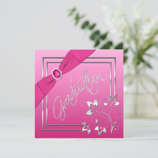 ピンクとシルバーのフローラ写真卒業招待状 招待状 (スタンド正面)