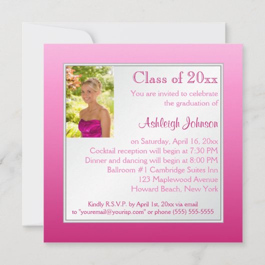 ピンクとシルバーのフローラ写真卒業招待状 招待状 (裏面)