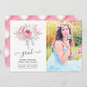 ピンクとシルバーのフローラ卒業写真 案内状 (正面/裏面)