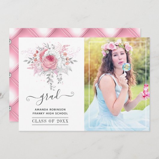 ピンクとシルバーのフローラ卒業写真 案内状 (正面/裏面)