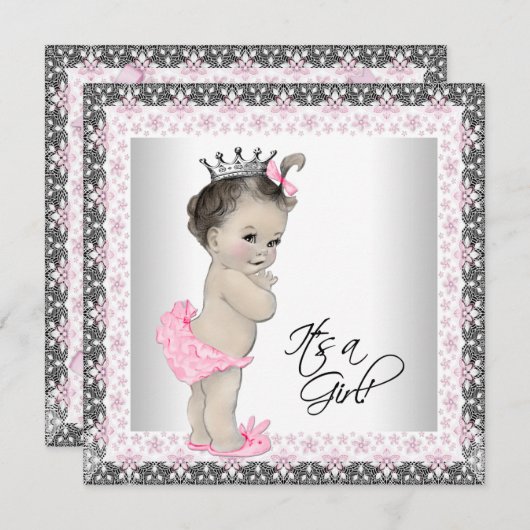 ピンクとシルバーのプリンセスベビーガールシャワー 招待状 (正面/裏面)