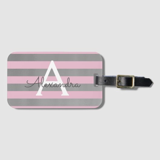 ピンクとシルバーのモノグラムの名前とイニシャル ラゲッジタグ (正面横)