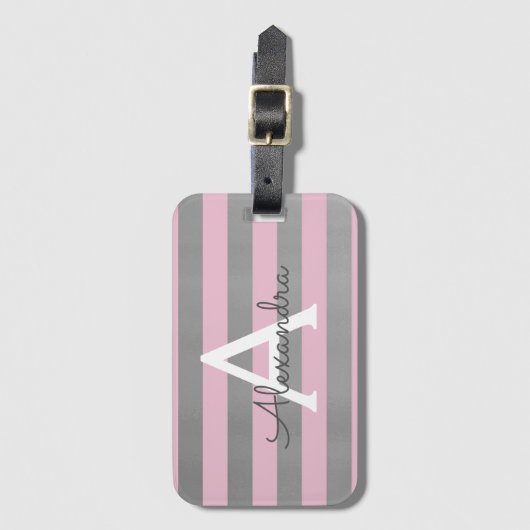 ピンクとシルバーのモノグラム名前とイニシャル ラゲッジタグ (正面縦)