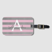 ピンクとシルバーのモノグラム名前とイニシャル ラゲッジタグ (正面横)