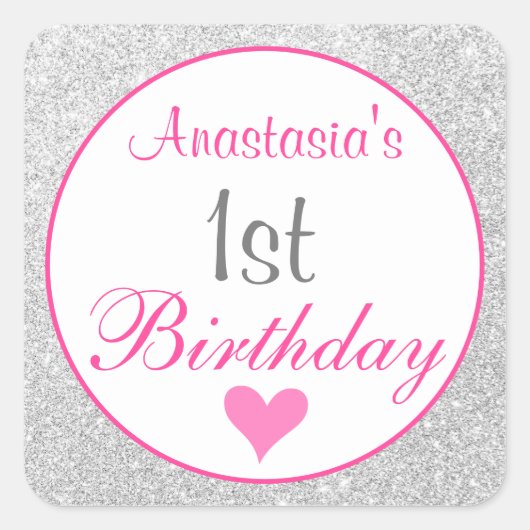 ピンクとシルバーのラメで可愛い姫1歳の誕生日 スクエアシール (正面)