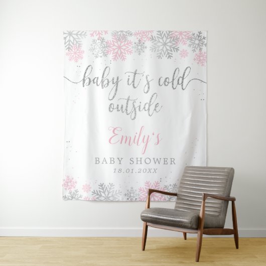 ピンクとシルバーの冬の雪の結晶の女の子のベビーシャワー タペストリー (インサイチュ)